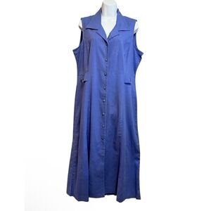 Vintage Erika Dresses Blue Sleeveless Shirt Dress Button Down‎ Sz XL Linen